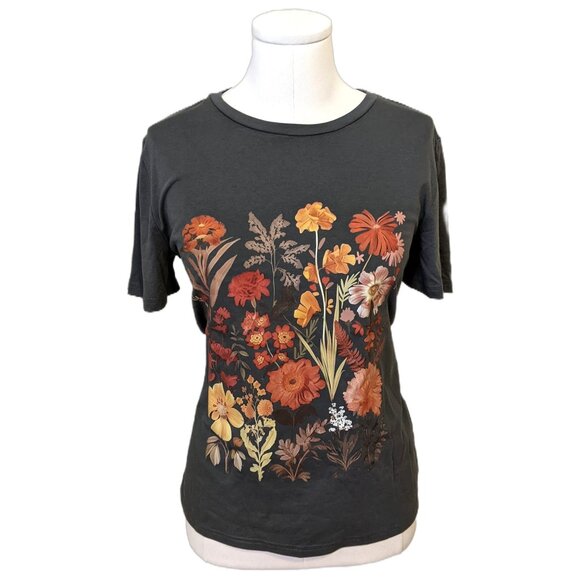 NWT Womens Dark Grey Floral Pattern Top Summer T-Shirt Sz S - Picture 1 of 9